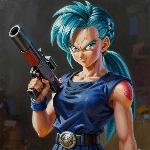 Digital artwork of a muscular, blue-haired, anime-style woman with a determined expression, holding a black handgun, wearing a blue top and wristbands,