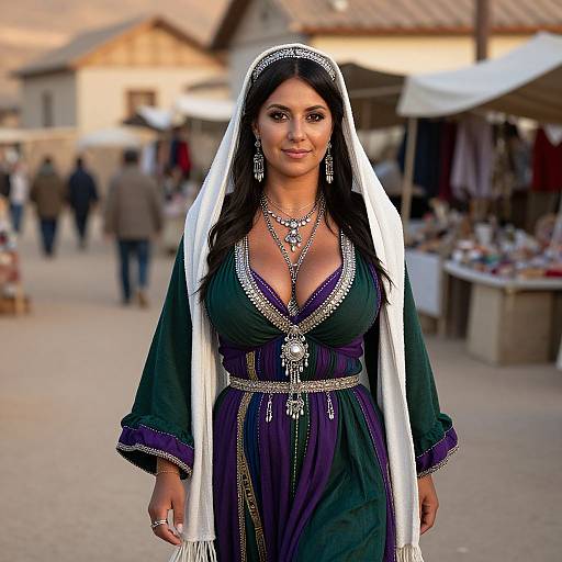 Photograph of a South Asian woman with dark hair, medium skin tone, wearing a green and purple traditional dress, white veil, and silver jewelry,