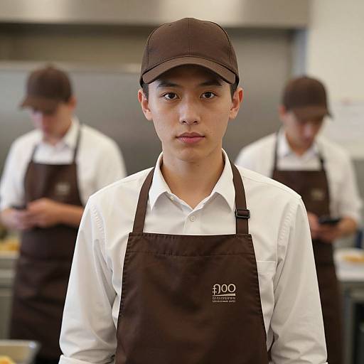 Photograph of a young Asian male chef in a white shirt and black apron, standing centered, with two blurred colleagues in the background, all wearing