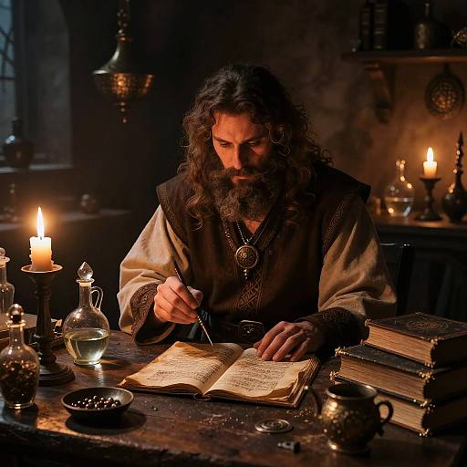 Photograph of a bearded man with long brown hair, in medieval attire, writing in a candlelit, cluttered study with books and glassware