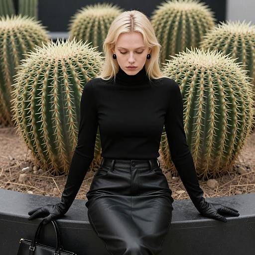Blonde Woman in Black Outfit with Cactus Background