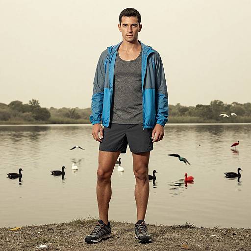 Photograph of a fit, muscular man with short dark hair, wearing a blue jacket, gray tank top, black shorts, and running shoes, standing
