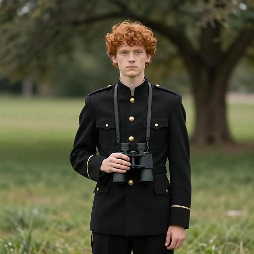 Young Man in Military Uniform in Nature
