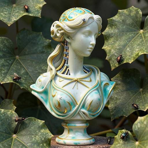 Photograph of an elegant, white porcelain bust with gold and teal accents, set against a backdrop of dark green, veined leaves with black insects.