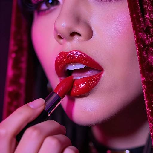 Close-up photograph of a woman with glossy red lips, applying vibrant red lipstick, illuminated by pink and purple light.