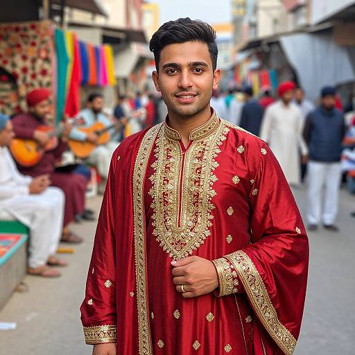 Photograph of a young South Asian man with short black hair and trimmed beard, wearing a red silk kurta with gold embroidery, standing in a bustling
