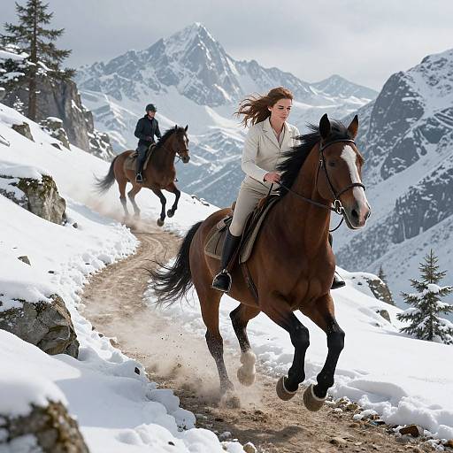 Photograph of two riders on brown horses galloping on a snowy mountain trail with towering peaks in the background.