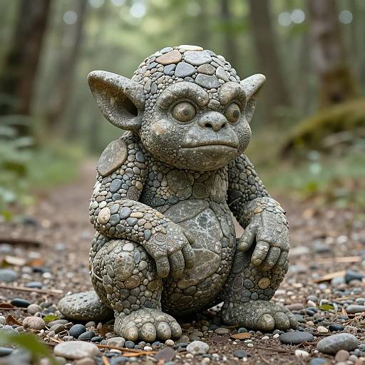 Photograph of a detailed, gray stone goblin statue with textured scales, large ears, and round eyes, standing in a forest path with scattered rocks
