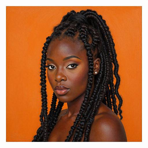 Photograph of a beautiful, dark-skinned Black woman with long, twisted dreadlocks, wearing a pearl earring, against a vibrant orange background.