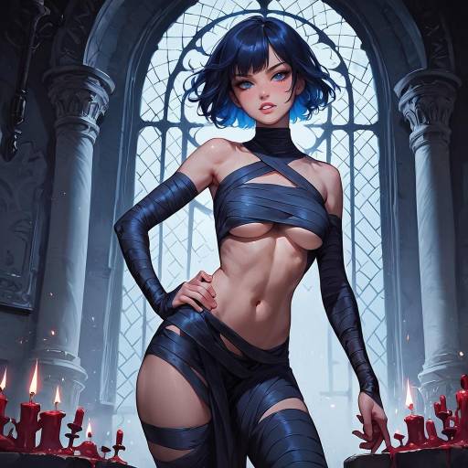 CGI image of an attractive, dark-haired woman with exposed breasts and white bandages, holding a wine glass in a stone archway.