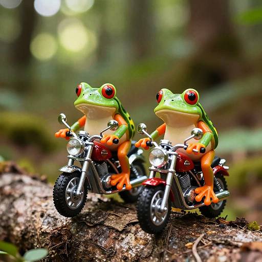 Colorful Toy Frogs on Motorcycles