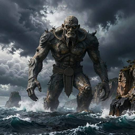 Colossal Golem Emerging from Sea Cliffs