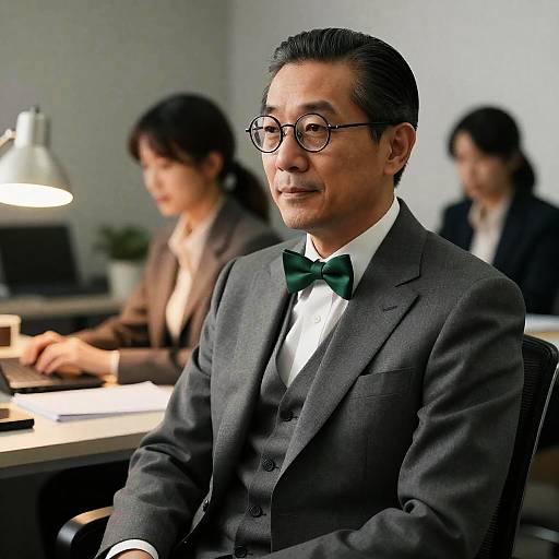 Middle-aged Man in Gray Suit with Green Bow Tie in Office