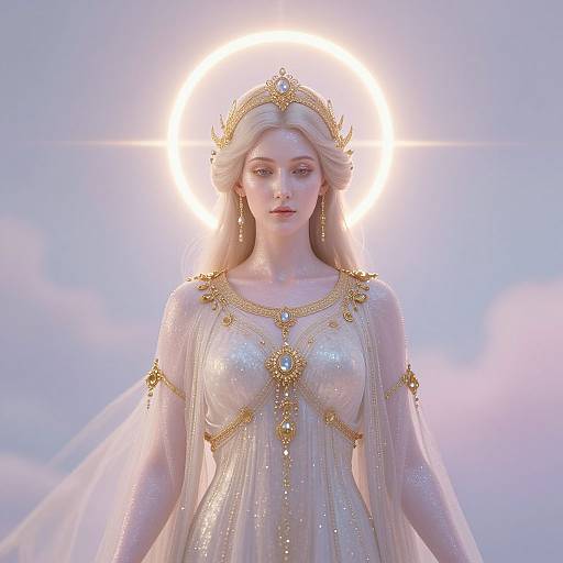Digital art of a radiant blonde queen with long hair, wearing a gold-embellished, translucent dress and crown, illuminated by a bright halo against