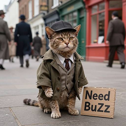 Photograph of a tabby cat in a vintage green suit, tie, and black cap, holding a 