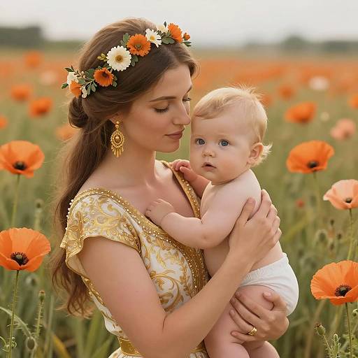 Mother Holding Baby in Poppy Field