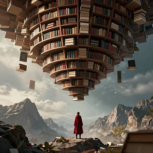 Digital artwork: lone figure in red robe stands on rocky mountain, gazing up at massive, floating, book-filled spheres against a mountainous, cloudy