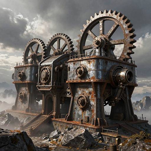 Dystopian Mechanical Fortress on Mountain