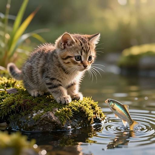 Photograph of a curious, brown tabby kitten with white stripes, staring at a small, colorful fish in a sunlit pond.
