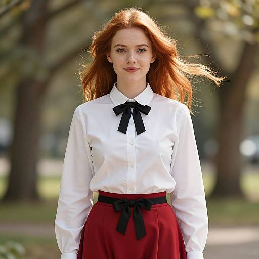 Photograph of a red-haired woman with fair skin, wearing a white blouse with a black bow and red skirt, standing in a sunlit park.