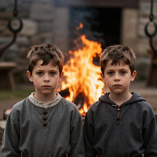 Boys in Medieval Attire by the Fire