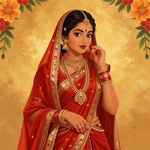 Digital illustration of a beautiful South Asian bride in a red, gold-embellished saree, adorned with jewelry, against a golden floral background.