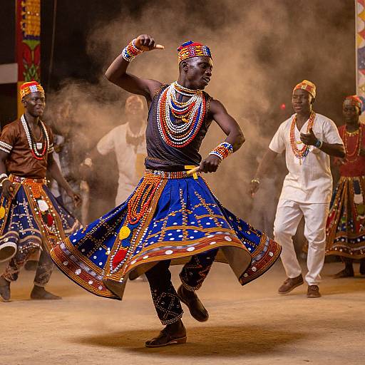 Photograph of African dancers in vibrant, traditional attire with colorful beaded necklaces and skirts, performing energetically on a dusty stage.