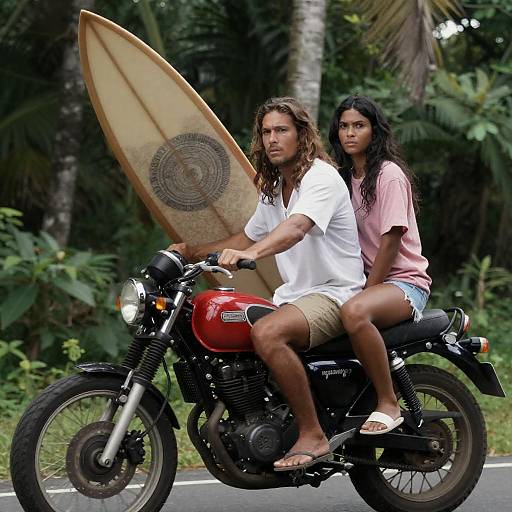 Adventure Duo on Motorcycle in Tropical Setting