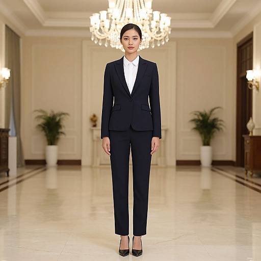 Photograph of an Asian woman with black hair in a neat bun, wearing a black suit, white shirt, and black heels, standing in a luxurious