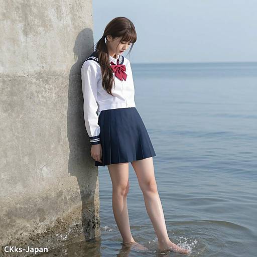 Young woman in Japanese school uniform by the sea
