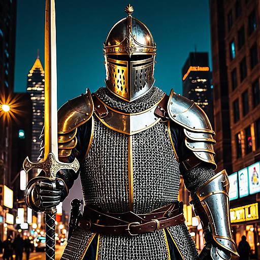 Medieval Knight in Chainmail with Sword in Urban Nightscape