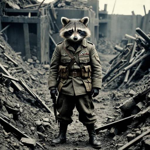 Raccoon in WWI Pilot Uniform in Warzone Trench
