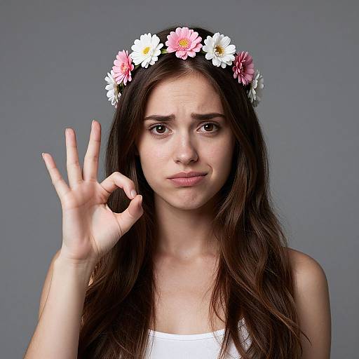 Photograph of a young woman with long brown hair, wearing a white flower crown, white tank top, and a confused expression, raising her right hand