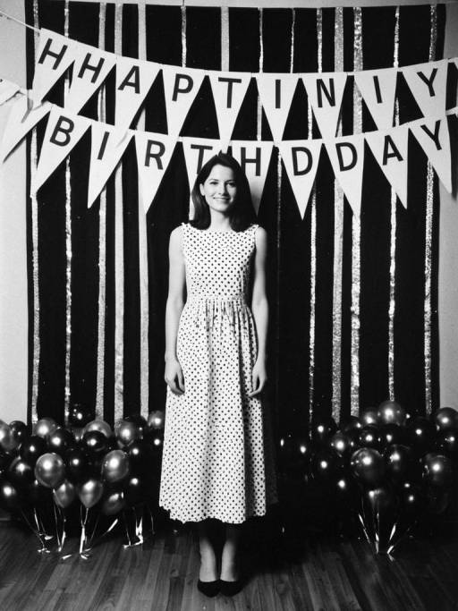 Woman in Polka Dot Dress at Birthday Party