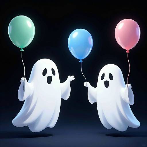 Digital illustration of two white ghost-like figures holding green, blue, and pink balloons against a dark blue background.