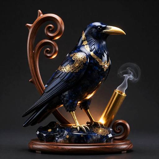 Ornate Obsidian Raven Sculpture with Gold Inlays