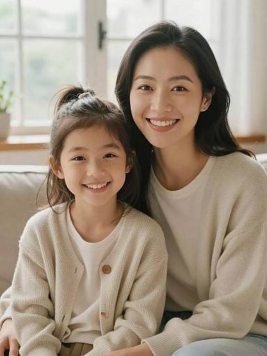 Smiling Asian Mother and Daughter Sitting on Sofa