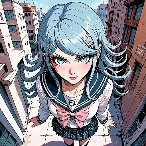 Smiling Blue-Haired Schoolgirl in City