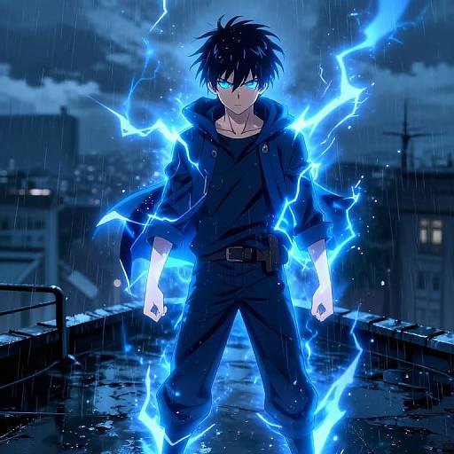 Anime-style digital drawing of a blue-eyed, black-haired boy with glowing blue electricity surrounding him, standing on a rainy rooftop at night.