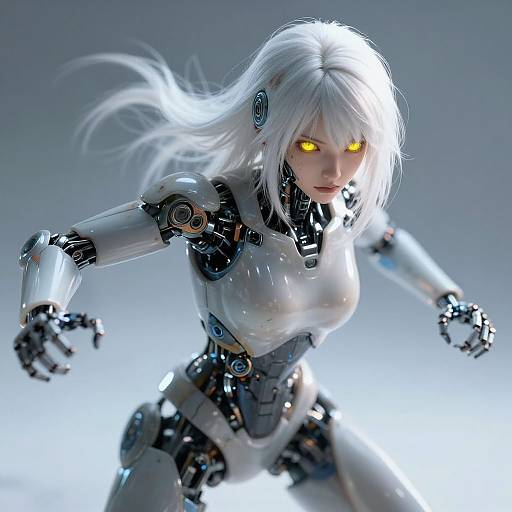 CGI image of a white-haired, cybernetic woman with glowing yellow eyes, wearing a sleek, silver and black robotic armor suit.