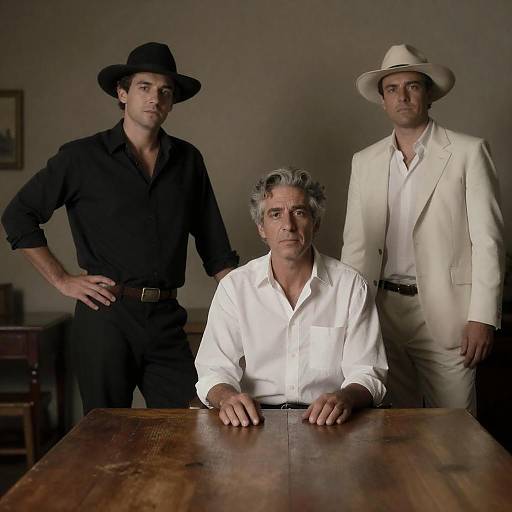 Three Men in a Rustic Room