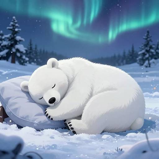 Digital illustration of a cute, sleeping white bear on a pillow in a snowy landscape under vibrant green and blue auroras.