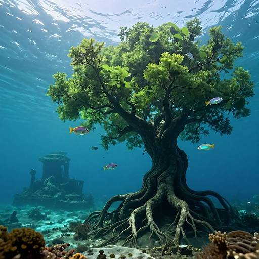 Photograph of a submerged tree with green leaves, surrounded by colorful fish, rooted in a coral reef, with an ancient ruins structure in the background underwater