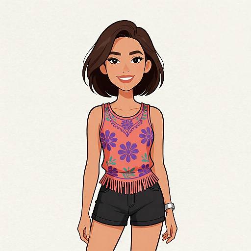 Digital illustration of a smiling young woman with short brown hair, wearing a pink floral tank top with fringe, black shorts, and a white watch, standing