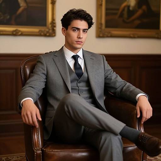 Photograph of a handsome young man with dark hair, wearing a gray three-piece suit, white shirt, and black tie, seated in a leather chair