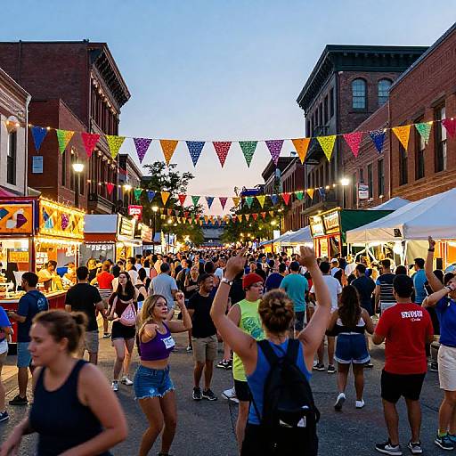 Photograph of a bustling evening street festival with colorful bunting, lively crowd, diverse people, summer clothing, food stalls, and brick buildings.