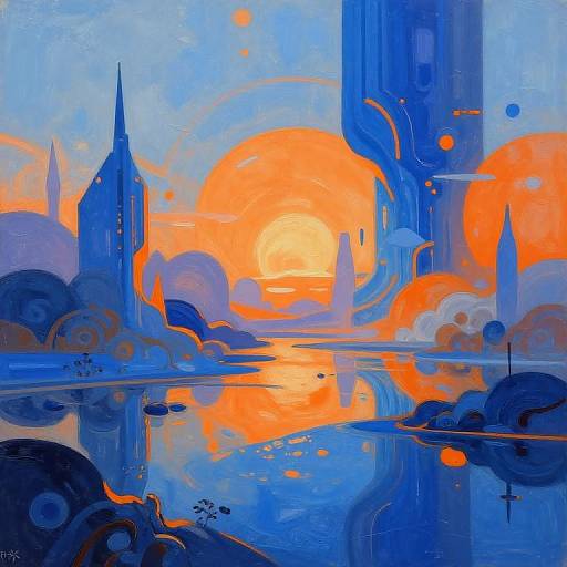 Digital painting of a vibrant, futuristic cityscape at sunset. Bright orange sun reflects on a blue, abstract river, surrounded by blue and purple spires