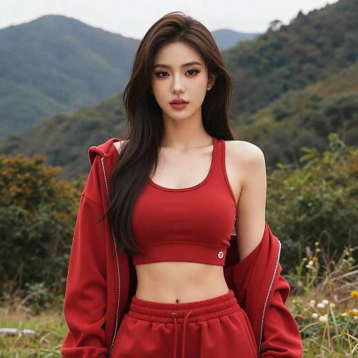 Photograph of a young Asian woman with long black hair, wearing a red sports bra and matching sweatpants, with a red jacket off her shoulders,