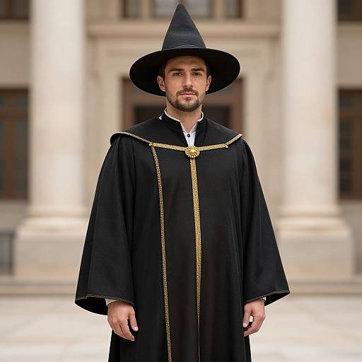 Photograph of a bearded man with a mustache, wearing a black wizard hat and robe with gold trim, standing in front of a classical building
