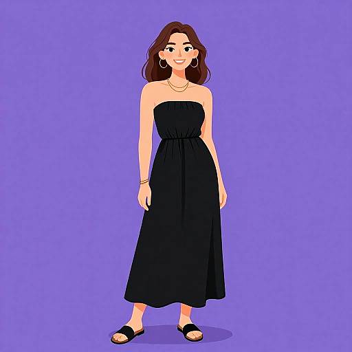 Digital illustration of a smiling woman with wavy brown hair, wearing a strapless black dress, black sandals, hoop earrings, and a necklace, standing